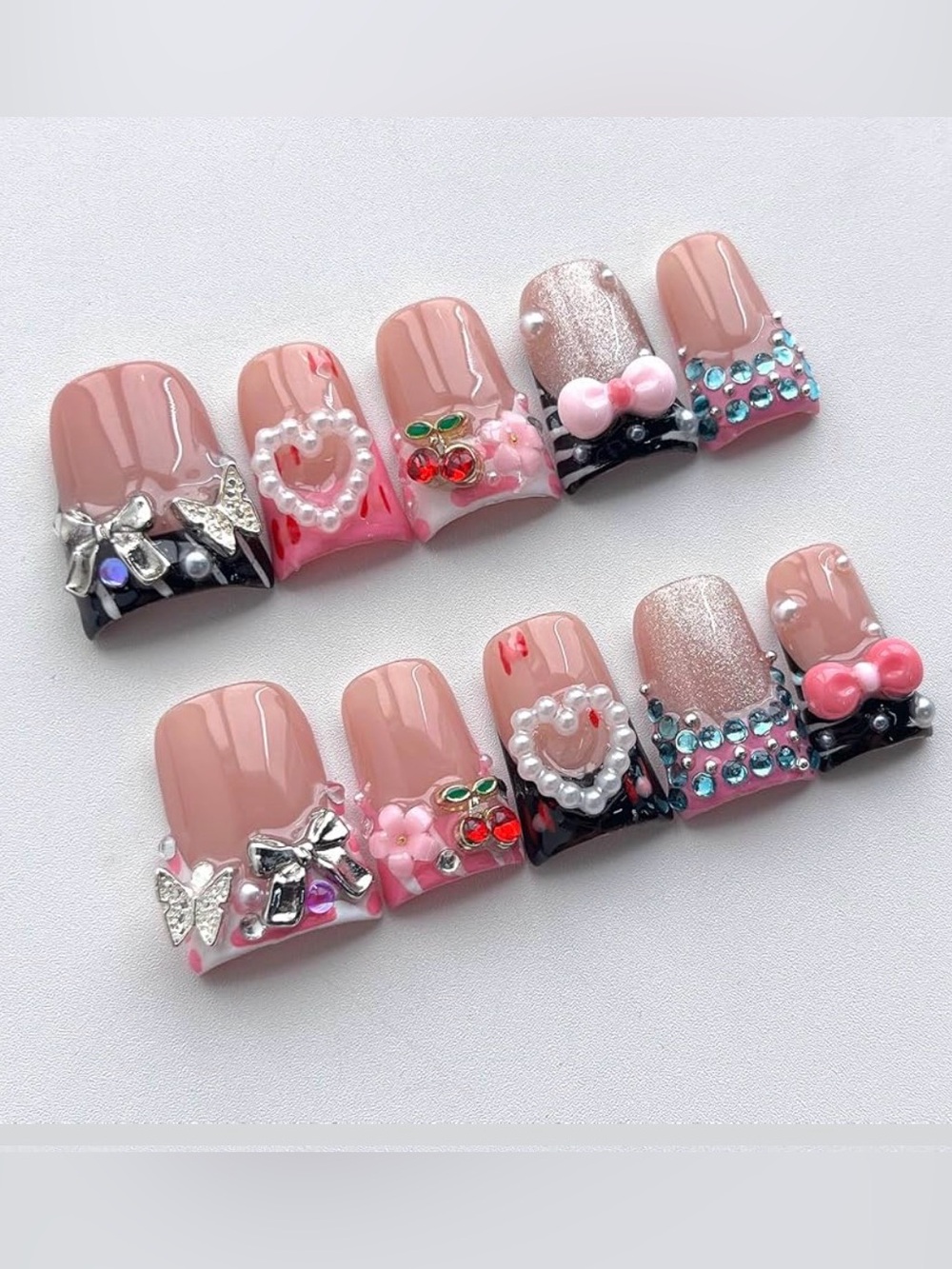 French Tip Press on Nails Handmade Short Duck 3D bling glam luxury Y2K look